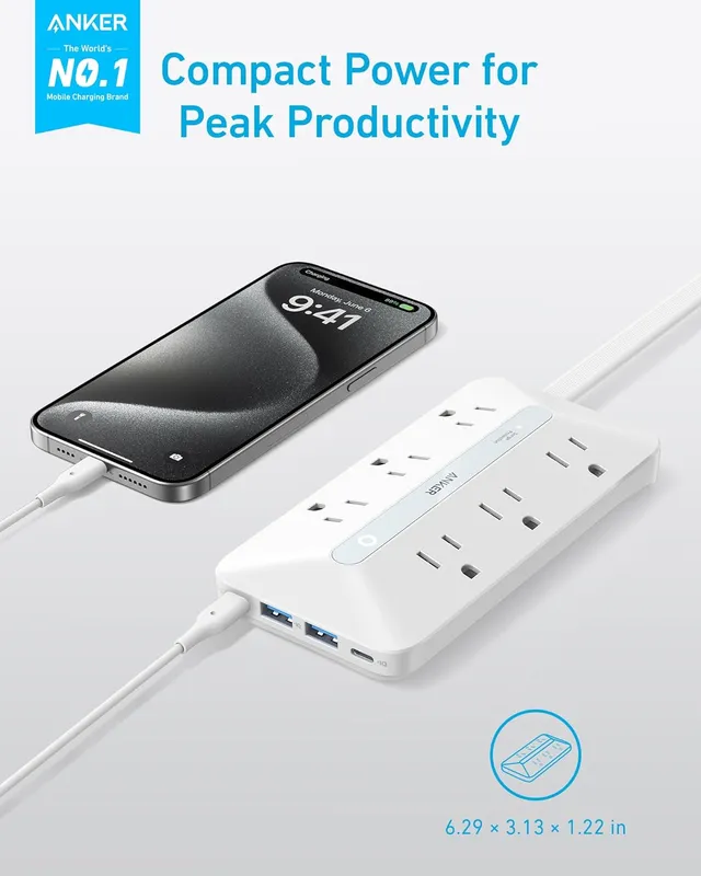 Anker 10 in 1 Ultra Thin Flat Plug Power Strip with 20W USB C White - Image 4